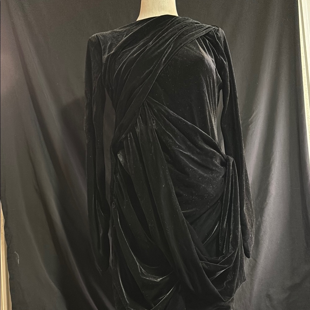 JessaKae Black Velvet Long Sleeve Draped Cocktail “Noor” Dress